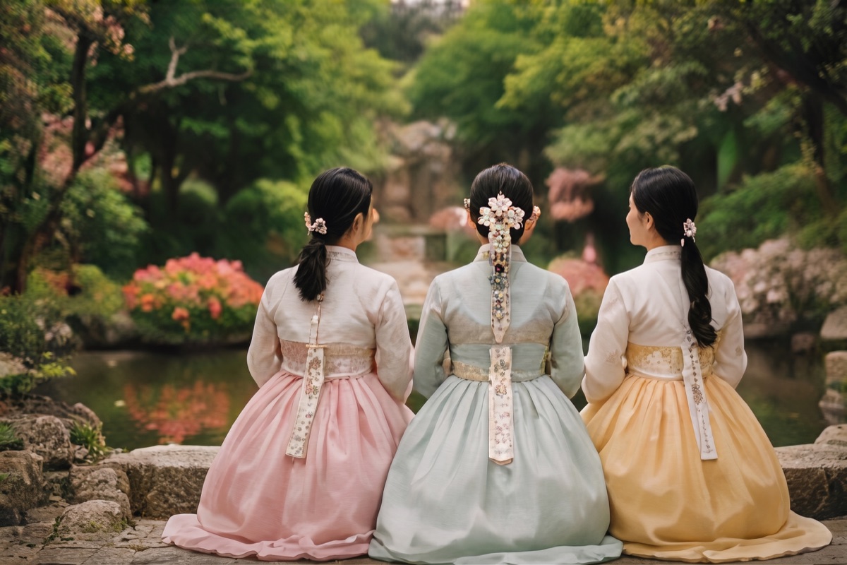 강릉 한복스냅 — 정원에 앉은 세 명의 한복 차림 친구들